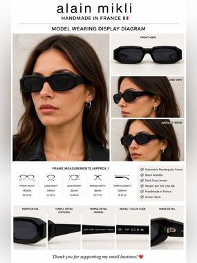 Alain Mikli Handmade in France Black Geometric Rectangular Sunglasses Vintage